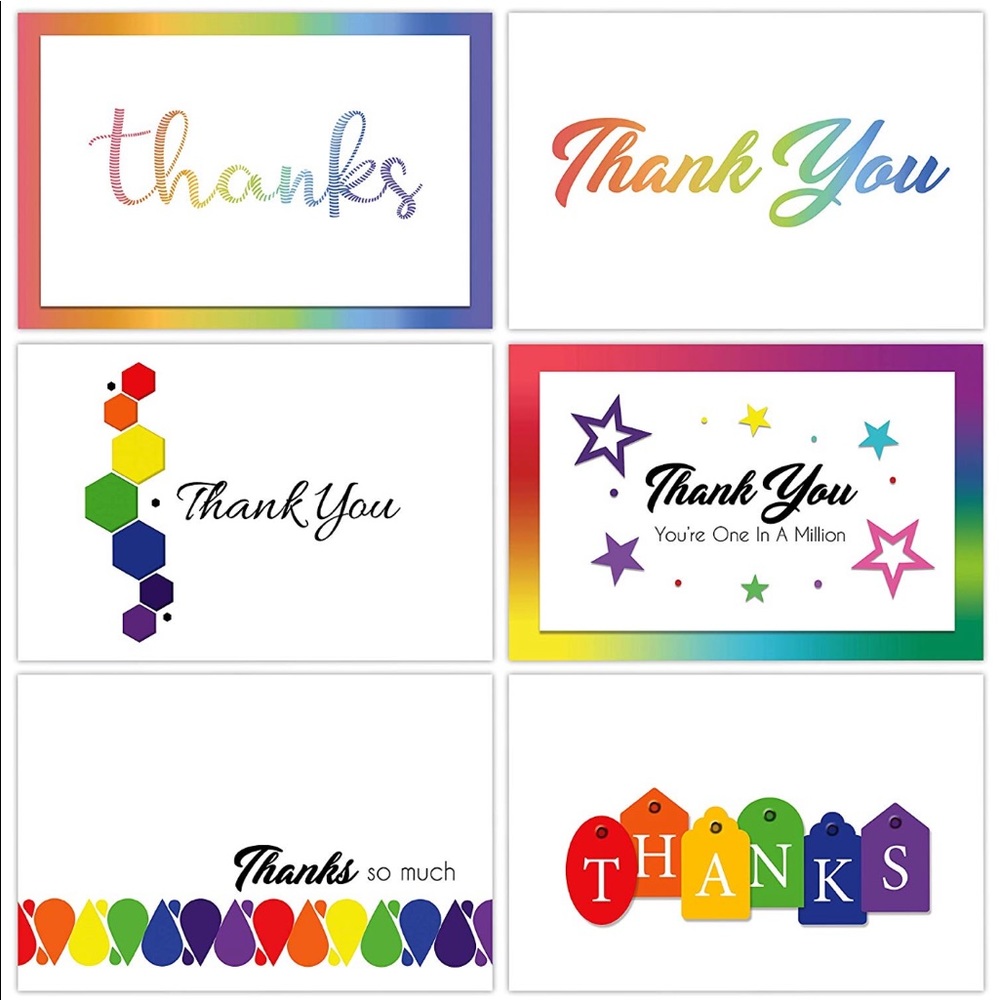 42 Thank You Cards Set w Envelopes Rainbow Colors
